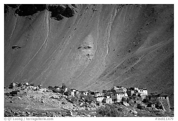 Village and scree slope, Zanskar, Jammu and Kashmir. India (black and white)