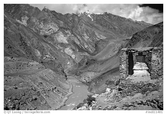 Covered chorten river valley, Zanskar, Jammu and Kashmir. India (black and white)