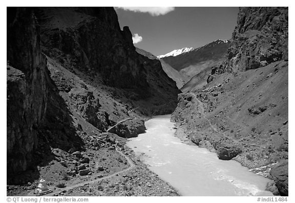 Chorten, trail,  and river valley, Zanskar, Jammu and Kashmir. India (black and white)