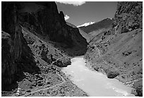 Chorten, trail,  and river valley, Zanskar, Jammu and Kashmir. India (black and white)