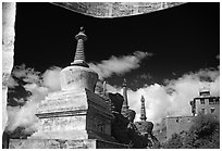 Chortens and  prayer flags, Lahul, Himachal Pradesh. India (black and white)