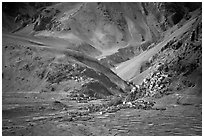 Cultivated fields, village, gompa, and barren mountains, Zanskar, Jammu and Kashmir. India ( black and white)