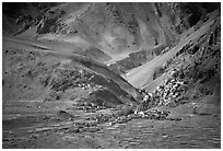 Cultivated fields, village, gompa, and barren mountains, Zanskar, Jammu and Kashmir. India (black and white)