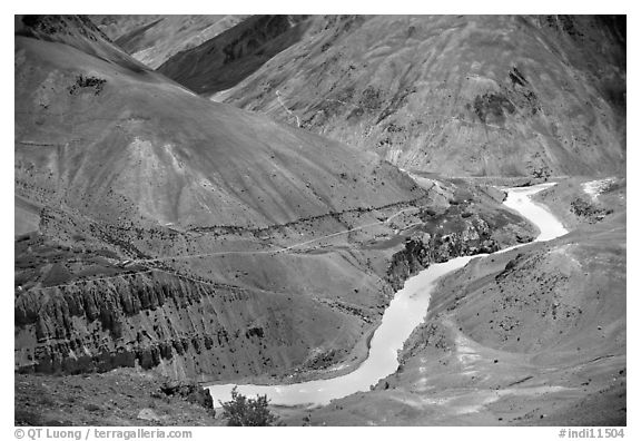 Zanskar River valley with cultivation patches, Zanskar, Jammu and Kashmir. India (black and white)