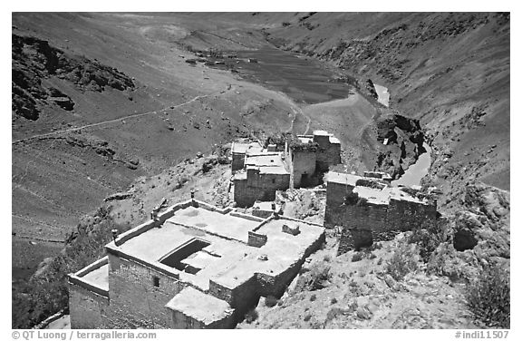 Terraced roofs of village above river valley, Zanskar, Jammu and Kashmir. India (black and white)