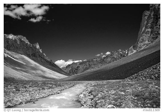 Zanskar River flanked by high cliff, Zanskar, Jammu and Kashmir. India