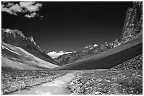 Zanskar River flanked by high cliff, Zanskar, Jammu and Kashmir. India ( black and white)