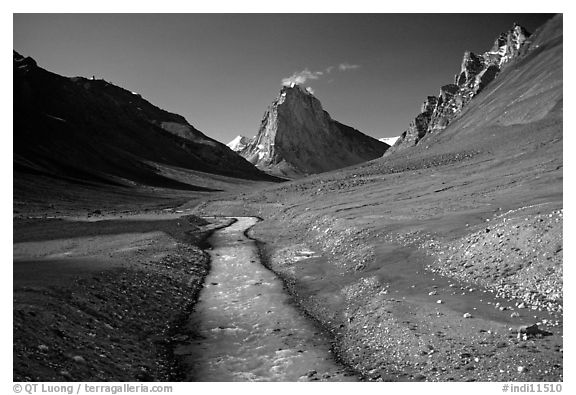 Zanskar River and  Gumburanjan monolith, Zanskar, Jammu and Kashmir. India