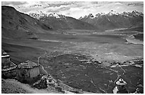Chortens overlooking cultivations in the Padum plain, Zanskar, Jammu and Kashmir. India ( black and white)