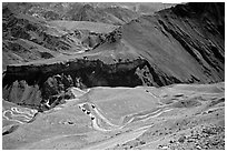 Hairpin turns on Khadung La pass, Ladakh, Jammu and Kashmir. India (black and white)