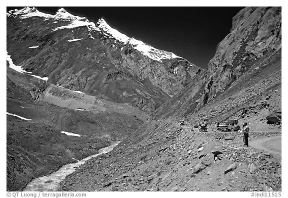 Valley and road between Kargil and Padum, Ladakh, Jammu and Kashmir. India (black and white)
