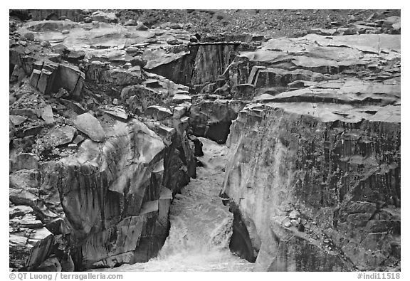 Gorge and precarious bridge, Zanskar, Jammu and Kashmir. India (black and white)