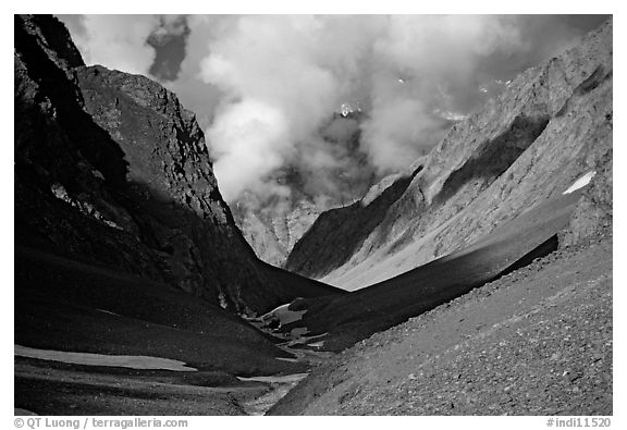 Valley with high cliffs and clouds, Zanskar, Jammu and Kashmir. India