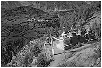 Prayer flag, chortens, and verdant valley below, Himachal Pradesh. India (black and white)