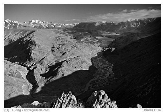 Braided river and mountain range seen from high pass, Himachal Pradesh. India (black and white)