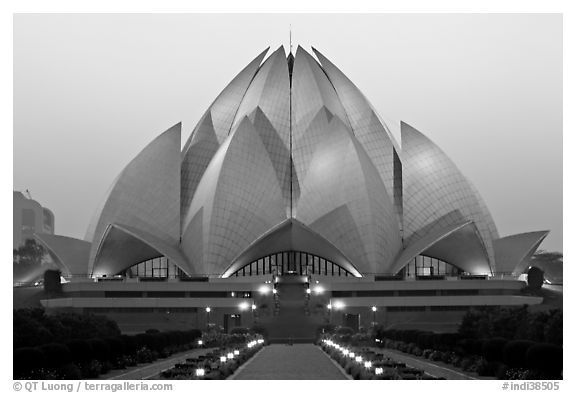 Bahai temple at dusk. New Delhi, India (black and white)