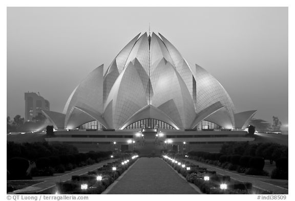 Lotus-shaped Bahai temple at twilight. New Delhi, India (black and white)