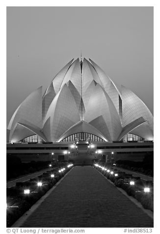Bahai faith temple at twilight. New Delhi, India (black and white)