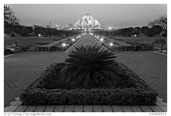 Gardens and  Bahai temple at twilight. New Delhi, India