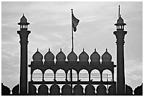 Turrets above Lahore Gate, Red fort, sunrise. New Delhi, India (black and white)