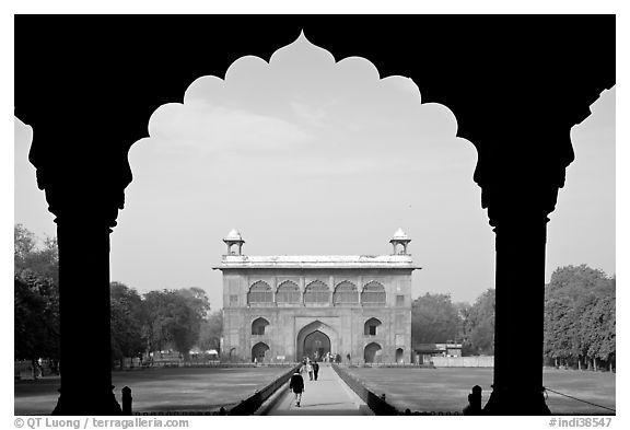 Naubat Khana seen through arches of Diwan-i-Am, Red Fort. New Delhi, India (black and white)