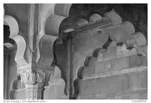 Detail of arche in Diwan-i-Am, Red Fort. New Delhi, India (black and white)