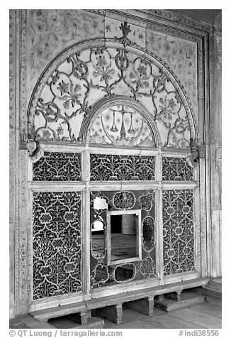 Marble door carved from a single slab with justice symbols, Diwan-i-Khas, Red Fort. New Delhi, India