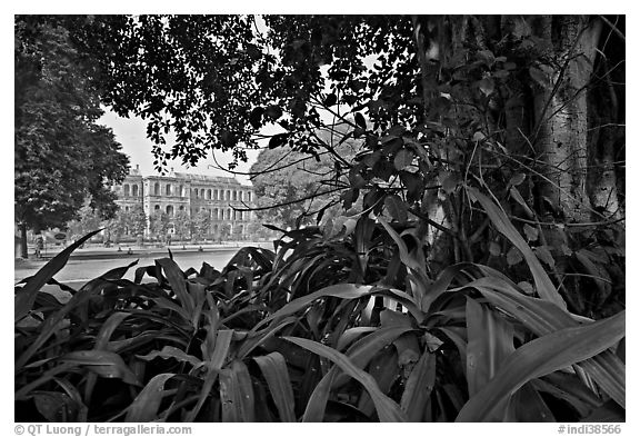 Gardens and colonial-area barracks, Red Fort. New Delhi, India (black and white)