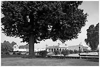 Courtyard garden with  Diwan-i-Khas, Hammans, Moti Masjid. New Delhi, India (black and white)