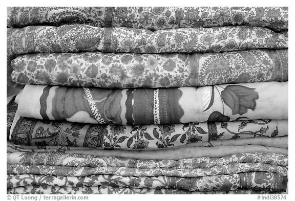 Fabrics for sale, Covered Bazar, Red Fort. New Delhi, India (black and white)