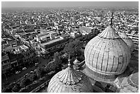 Domes of Jama Masjid mosque and Old Delhi from above. New Delhi, India ( black and white)