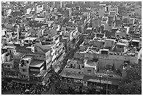 View of Old Delhi streets and houses from above. New Delhi, India (black and white)