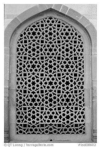 Screened marble window, Humayun's tomb. New Delhi, India (black and white)