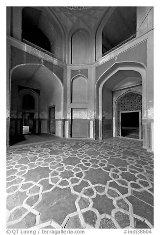Geometrical patters on the floor of hall, Humayun's tomb. New Delhi, India (black and white)
