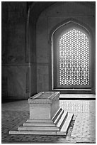 Emperor's tomb, and screened marble window, Humayun's tomb. New Delhi, India (black and white)