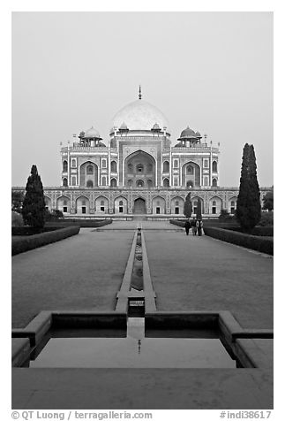 Humayun's tomb and watercourses at dusk. New Delhi, India