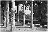 Colonade and gardens, Qutb complex. New Delhi, India (black and white)