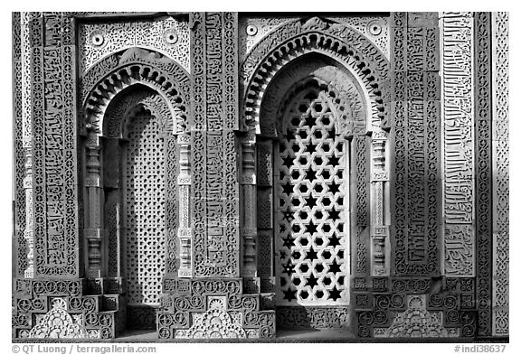 Marble screened windows of Imam Zamin tumb, Qutb complex. New Delhi, India (black and white)
