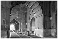 Men in prayer, prayer hall, Jama Masjid. New Delhi, India (black and white)