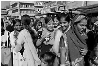 Young women during a wedding procession. Jodhpur, Rajasthan, India (black and white)