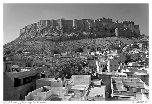 Mehrangarh Fort and city rooftops, afternoon. Jodhpur, Rajasthan, India (black and white)