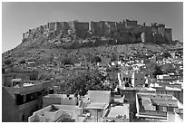 Mehrangarh Fort and city rooftops, afternoon. Jodhpur, Rajasthan, India (black and white)