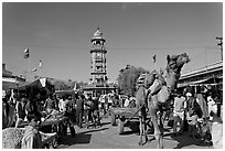 Camel and clock tower in Sardar Market. Jodhpur, Rajasthan, India (black and white)