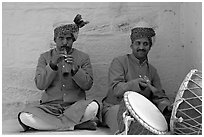 Flute and drum players, Mehrangarh Fort. Jodhpur, Rajasthan, India (black and white)