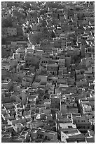 Rooftops of blue houses, seen from above. Jodhpur, Rajasthan, India (black and white)