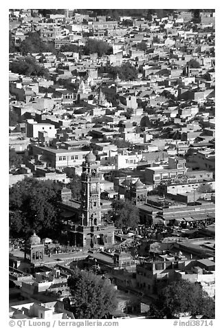 Clock tower and old quarter seen from  Mehrangarh Fort. Jodhpur, Rajasthan, India (black and white)