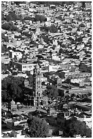 Clock tower and old quarter seen from  Mehrangarh Fort. Jodhpur, Rajasthan, India (black and white)