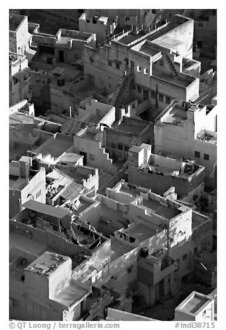 Terraces on top of blue houses seen from above. Jodhpur, Rajasthan, India (black and white)