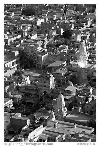 Old town rooftops and shrines seen from Mehrangarh Fort. Jodhpur, Rajasthan, India (black and white)