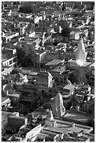 Old town rooftops and shrines seen from Mehrangarh Fort. Jodhpur, Rajasthan, India (black and white)